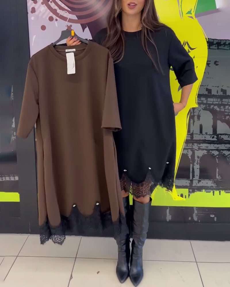 Klänning Elegant Spets Skarvad Rund Halsringning