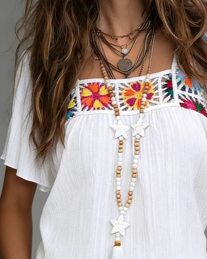 Färgglad Kortärmad Blus Med Fyrkantskrage