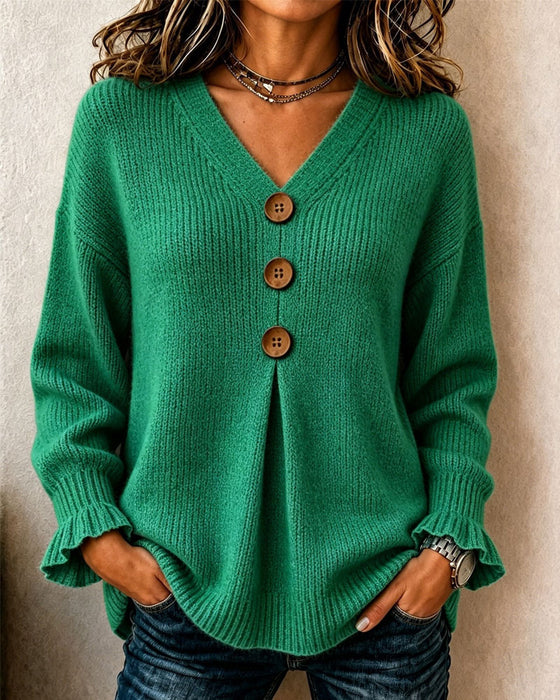 Tröja V-Hals Knapp Pullover