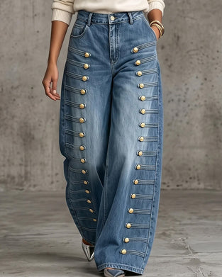 Byxor Knapp Ficka Bredbent Denim Lång