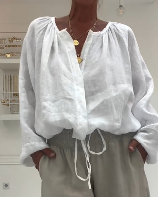 Blus 100 % Bomull Långärmad Rynkad Knut
