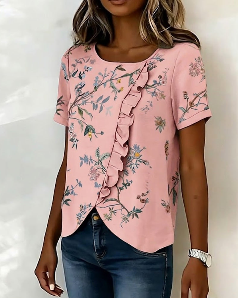 Blus Rundhalsad Kortärmad Rynkad Blommig