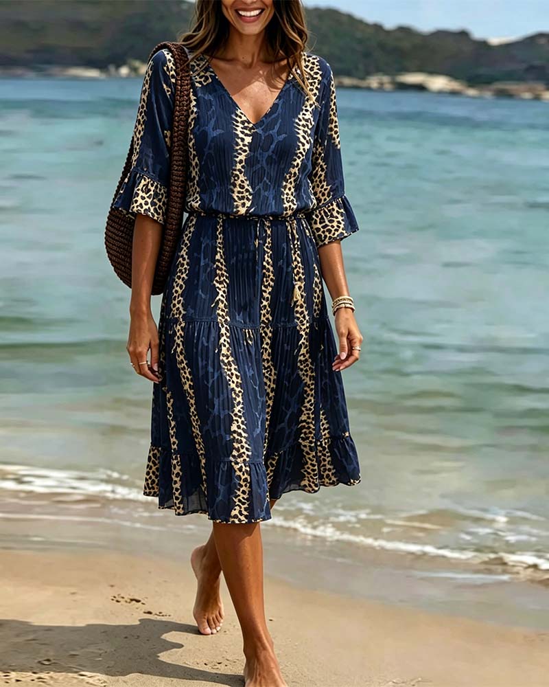 Klänning V-Hals Leopard Patchwork Midi Semester