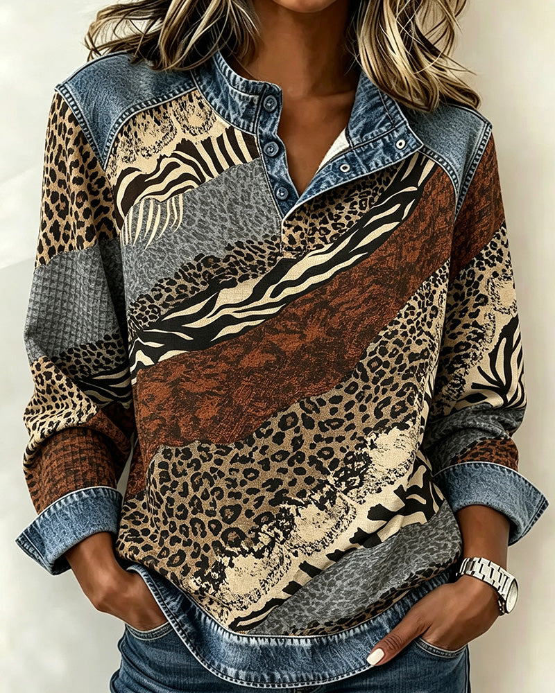 Blus Patchwork Leopard Knapp