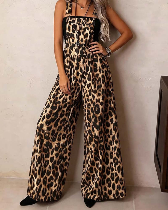 Jumpsuit Leopard Hög Midja Bred Ben Hängslen