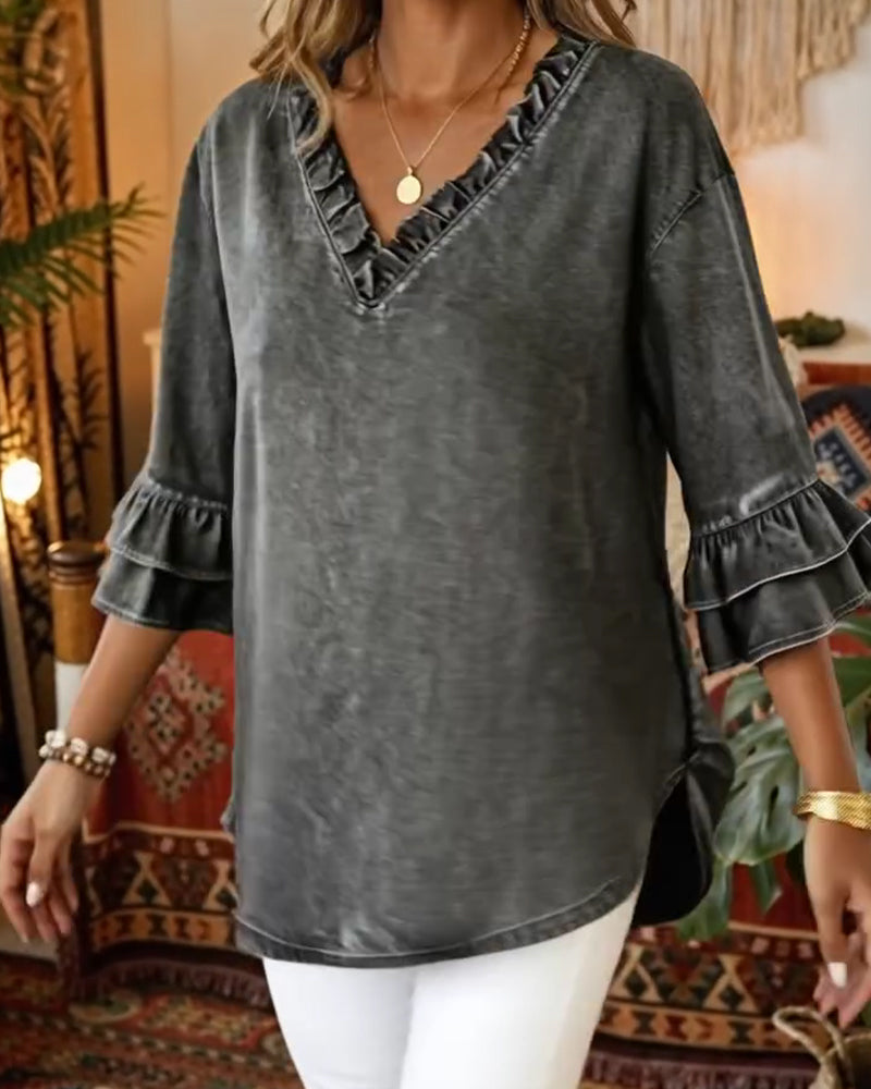 Rynkad Kortärmad V-Ringad Denimblus