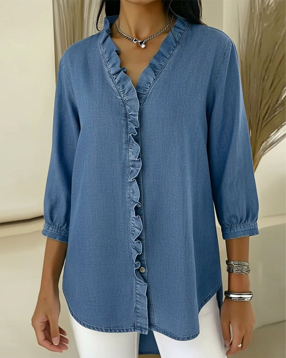 Blus Ruffle V-Ringning Denim