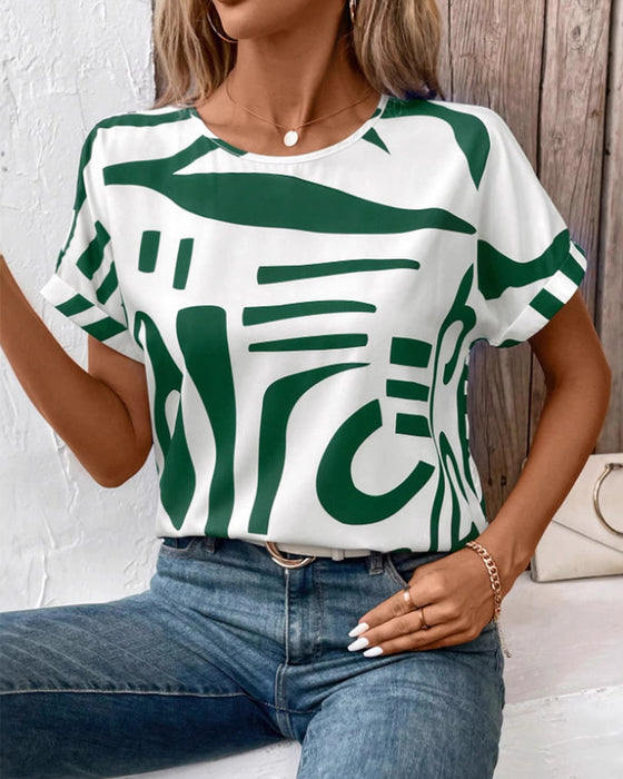 T-Shirt Rund Hals Kort Ärm Geometrisk Tryck