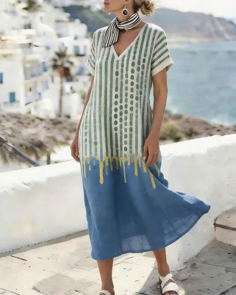 Klänning V-Hals Prickig Randig Kontrastfärg