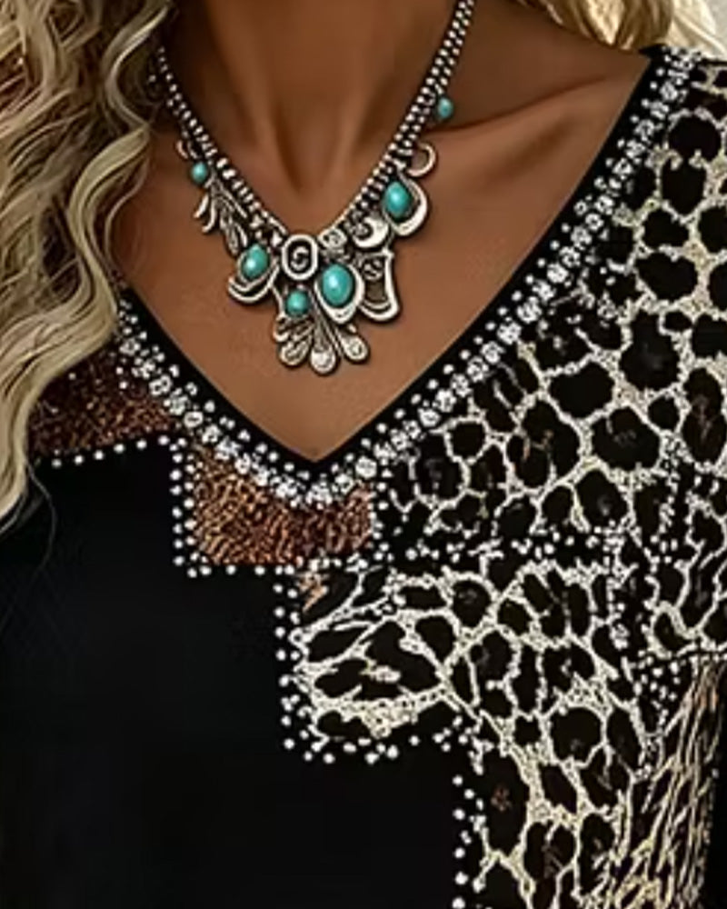 Blus V-Hals Leopard Tryck