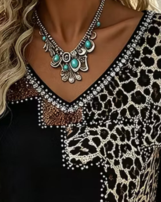 Blus V-Hals Leopard Tryck