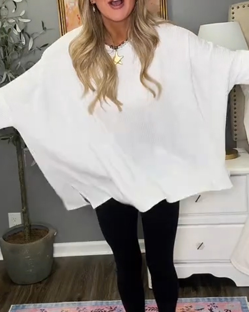 Stickad Topp Rundhalsad Fladdermusärm Loose Fit