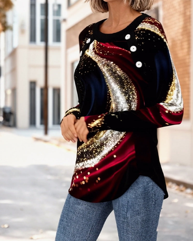 T-shirt med rund hals och långärmad tryck