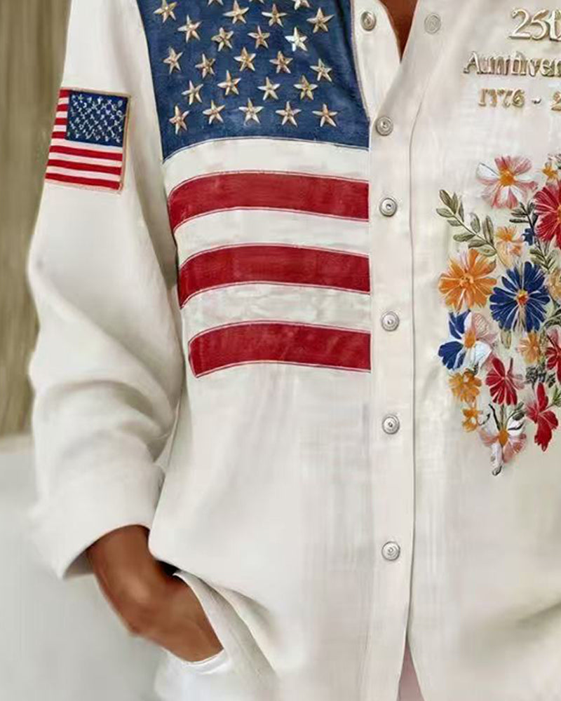 Skjorta Nedfällbar Krage Tryck Broderi