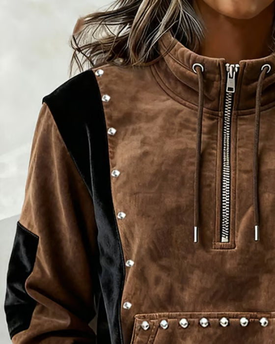 Sweatshirt Blixtlås Färgblock Avslappnad
