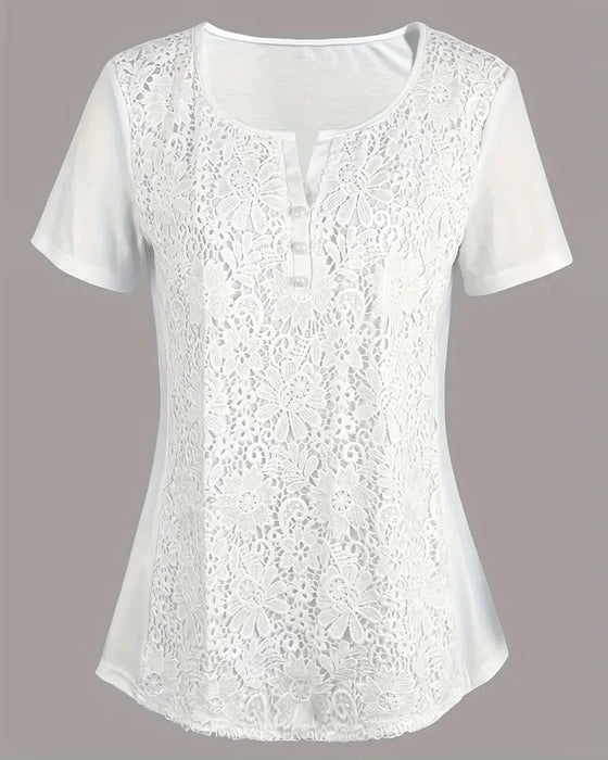 Blus Rund Hals Spetsdetalj