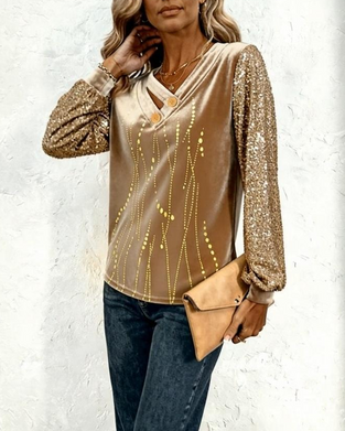 Topp V-Ringning Paillettfylld Sammet Lappverk