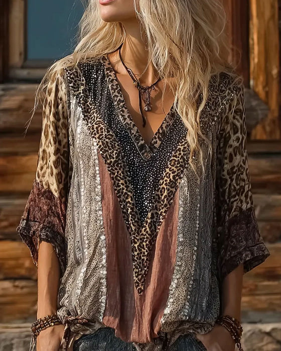 Blus Leopard Patchwork V-Hals Tryck