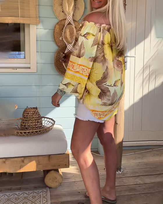 Blus Off-Shoulder Resorttryck