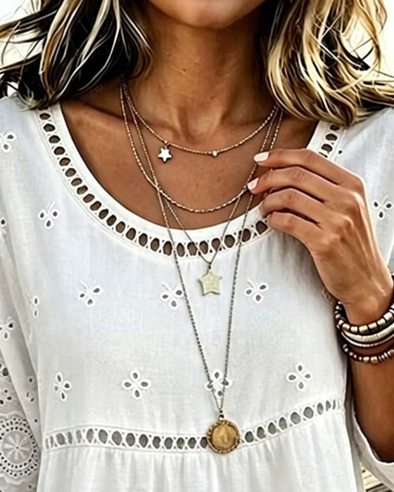Blus Rundhalsad Hollow Out Solid