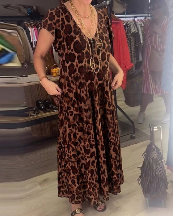 Klädning V-Hals Leopard Kort Ärm
