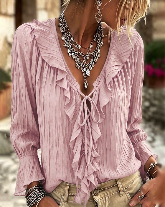 Blus Ruffle Trim Snörning Lång Ärm
