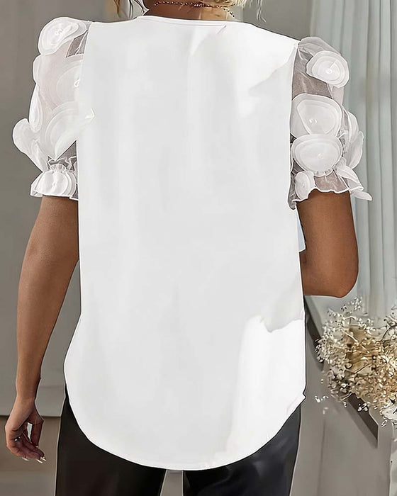 Blus Puffärm Mesh V-Ringning