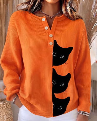 Pullover Knapp Fram Rand Katt Kontrast Stickad