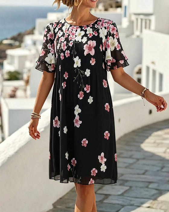 Klänning Ruffle Kortärmad Blommig Veckad