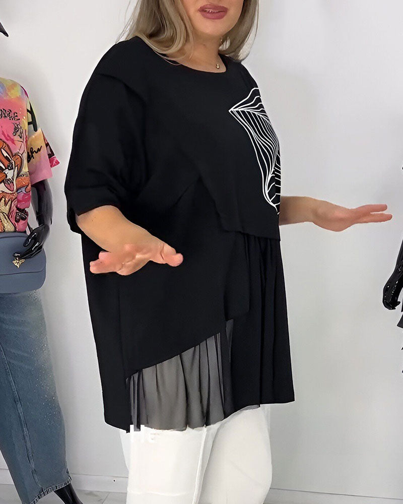 T-Shirt Med Geometriskt Tryck Och Mesh-Splicing