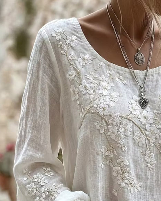 Blus Texturerad Körsbärsblom Broderad Rundhalsad