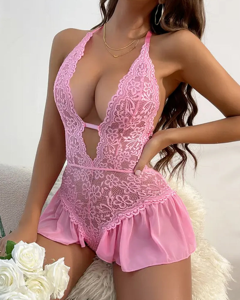 Bodysuit Spets Blommig Teddy Formgivning V-hals