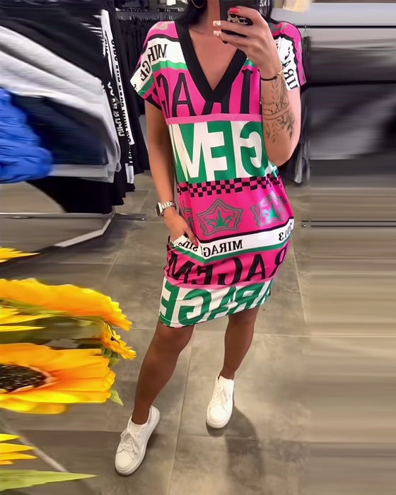 Klänning Tryckt V-Ringad Kortärmad