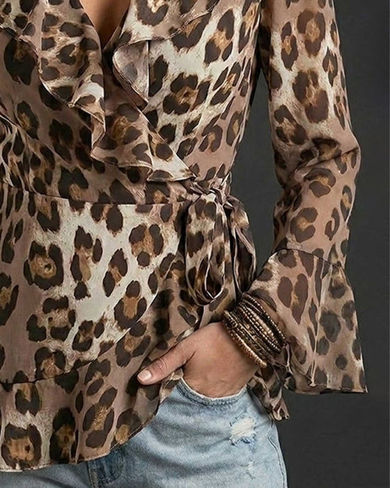 Blus V-Hals Ruffle Leopard