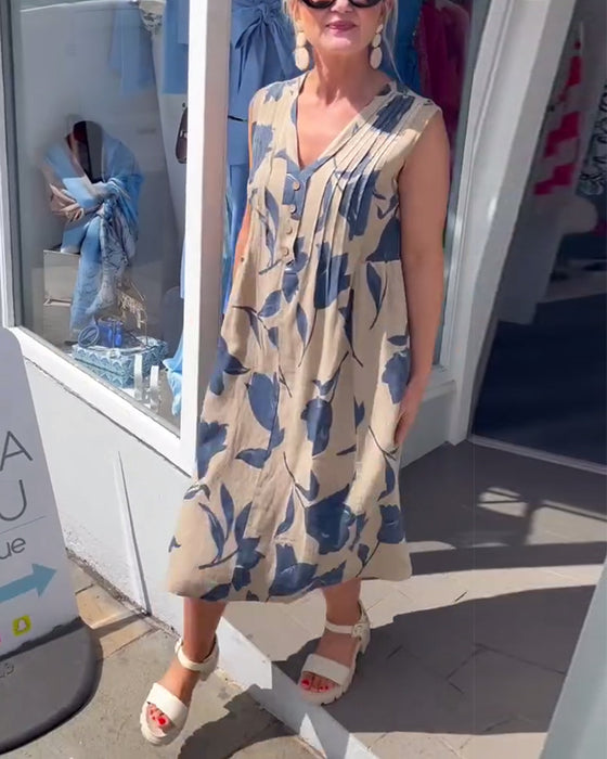 Klänning V-ringad ärmlös tryckt