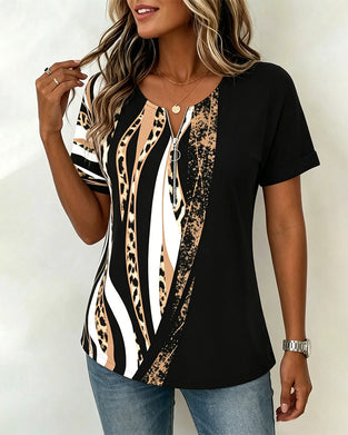 T-Shirt Dragkedja Leopard Tryck Färgblock Casual