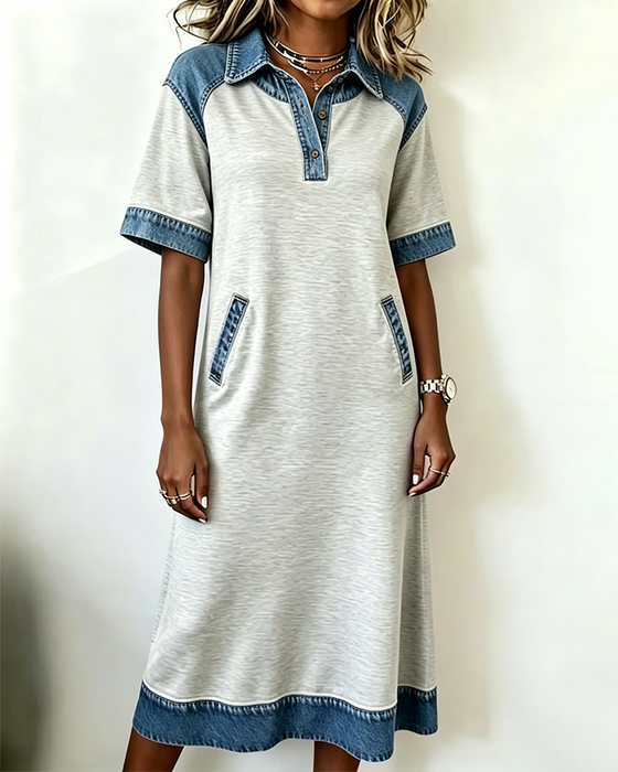 Klädning Skjortkrage Denim Patchwork Ficka