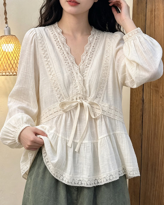 Blus V-Hals Bubbla Ärm Spets Patchwork Utställd