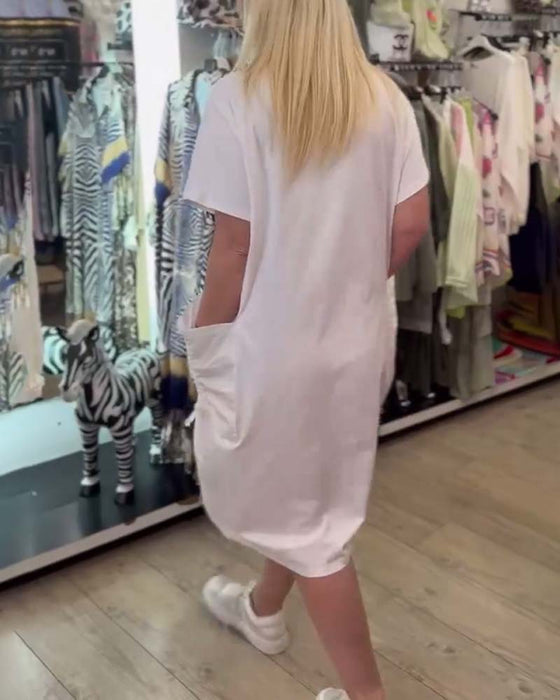 Klänning Lös Kortärmad Med Tryck Stor Ficka