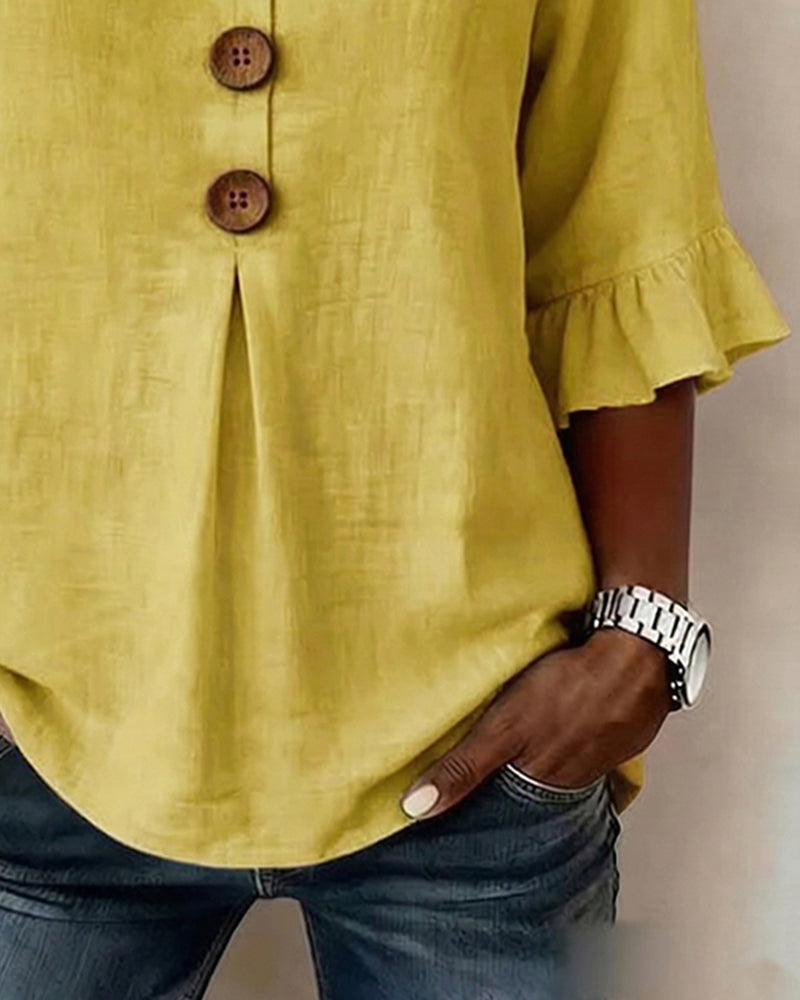 Blusar Enfärgad Bomullslinne Träknappar Rynkningar