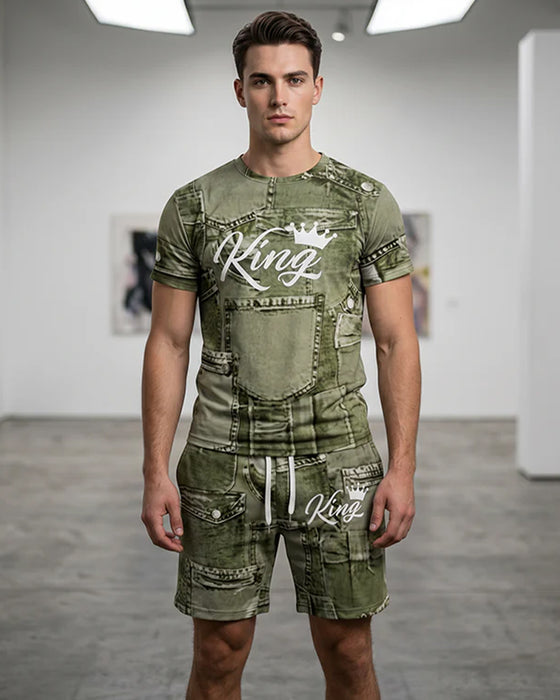 Herrset Med Rundhalsad Monogram-T-Shirt Och Dragsko-Shorts