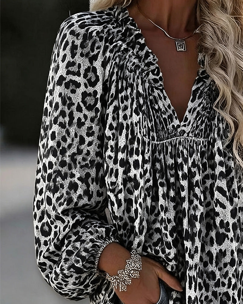 Blus V-Hals Leopard Tryck Rynkad Puffärm