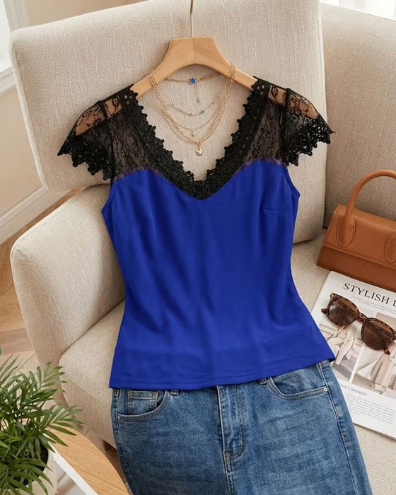 T-Shirt V-Hals Spets Patchwork Slim Fit