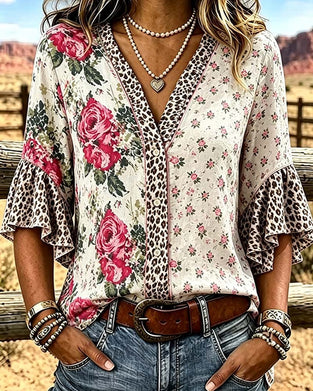 Blus V-Hals Leopardmönster Blommig Patchwork Krås