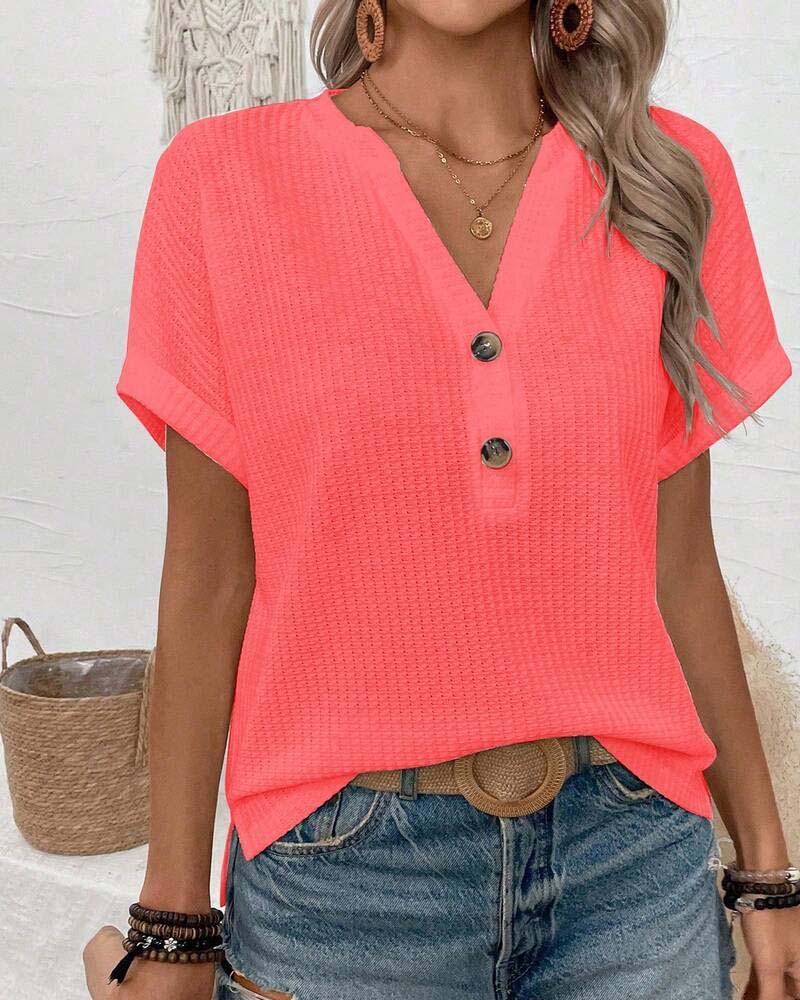 T-Shirt Våffla V-Hals Knapp