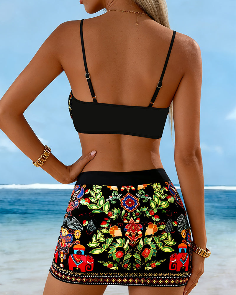 Set Etnisk Elefant Blommig Baddräkt Tredelad