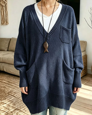 Pullover V-Hals Ficka Lång