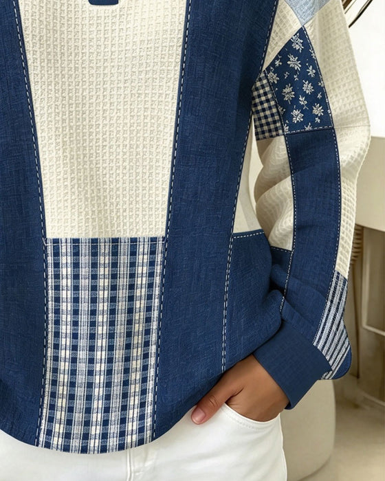 Sweatshirt Rund Hals Knapp Blommig Plaid