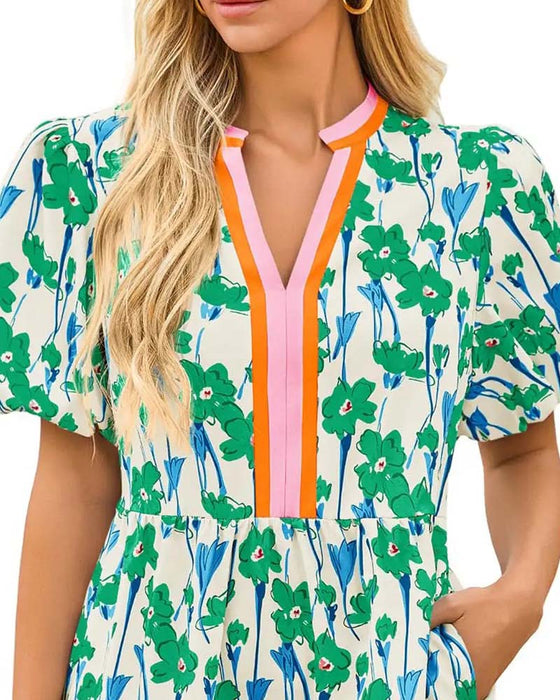 Klänning V-Hals Blommig Bubbla Ärm Patchwork