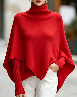 Pullover Hög Hals Asymmetrisk Poncho Stil